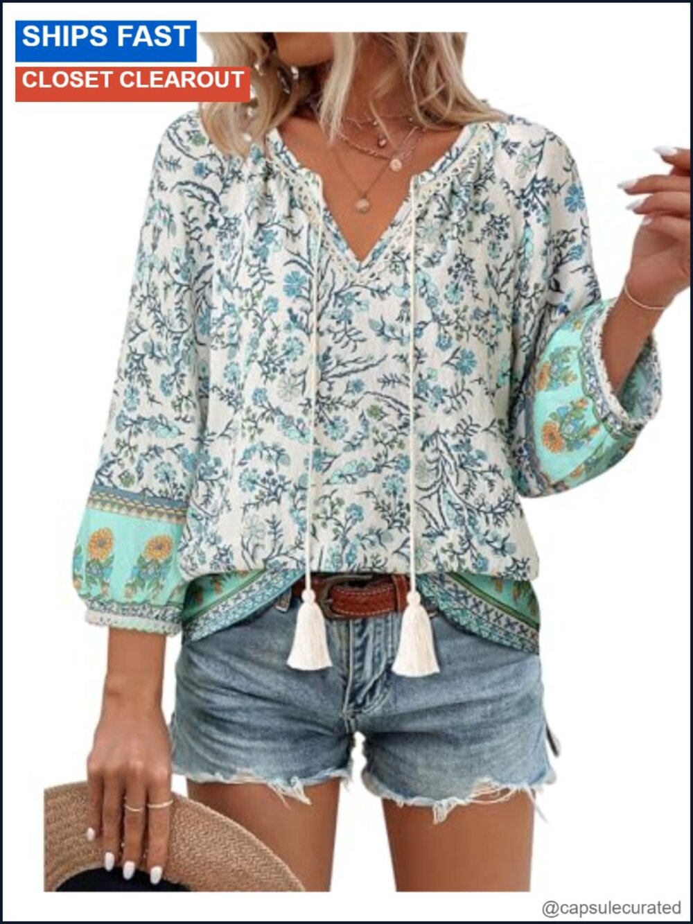 Women's Boho Floral V-Neck Blouse 3/4 Sleeve Lantern Cuff Flowy